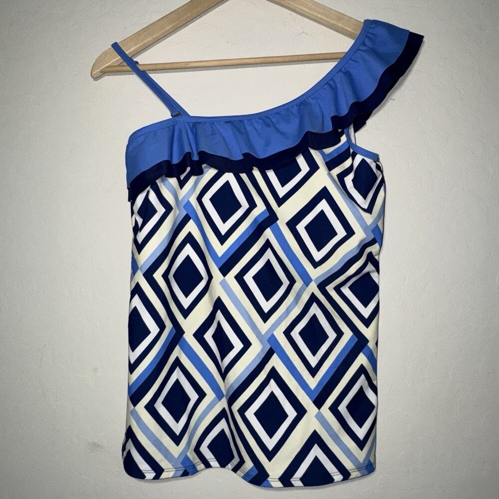 Lime Ricki Swim Top Womens Large Blue White Geometric Ruffle Detail Beach Pool